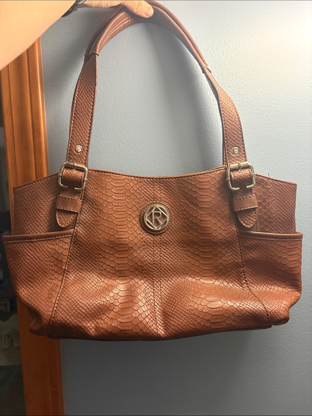 Brown Textured Tote Handbag with Gold Emblem Relic